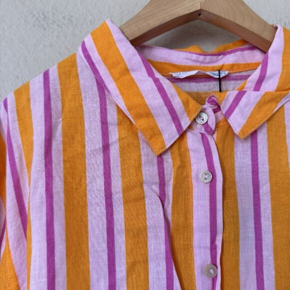 Primark Womens Swim Cover Button Up Shirt Sunset Stripes Large Pink Orange Linen - Picture 2 of 8